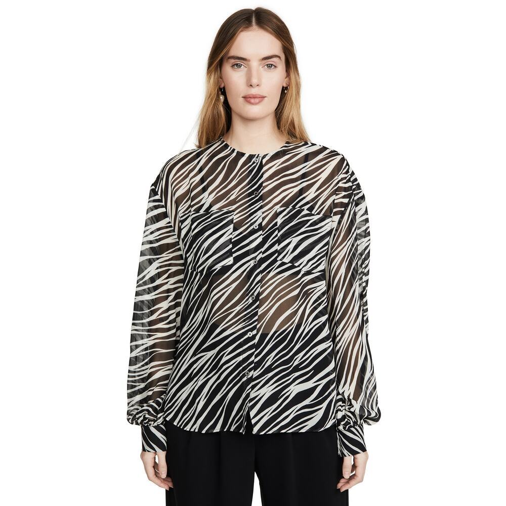 New ANINE BING 100% Silk Arrow Shirt in Cream Zebra Women's Size L